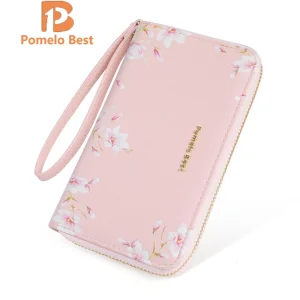 Pomelo Best Women Split Leather Wallet with Zipper Strap Floral Fashion Card Holder Coin Purse Cellphone Bag Female Money Bag